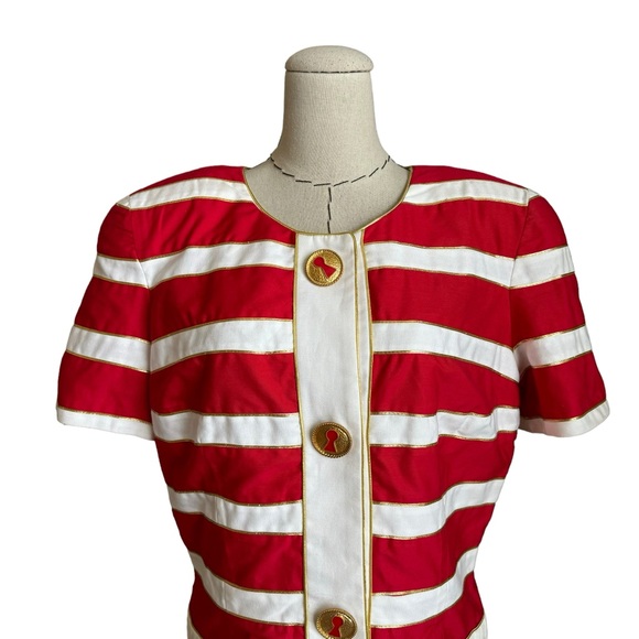 Vintage 80s Junnie Leigh Key Keyhole Red Gold Stripe Dress Novelty sz Large - Picture 3 of 13